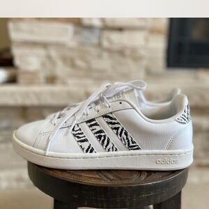 Adidas White Sneakers with Black Zebra Accents